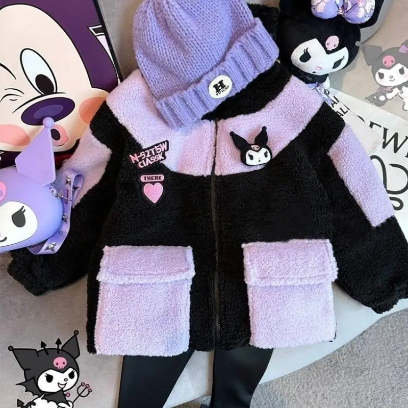 2023 Sanrio Mädchen Jacke Baumwolle Jacke Plüsch Wind jacke Kuromi Cartoon Kinder verdickte warme modische süße Kleidung Geschenk