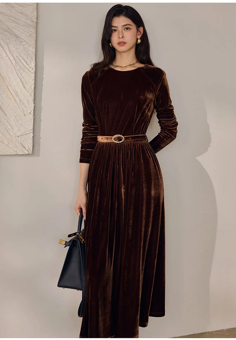 High-end Silk Velvet Women's Dress - Elegant and Noble Women's Formal and Casual Wear with Soft and Lustrous Texture
