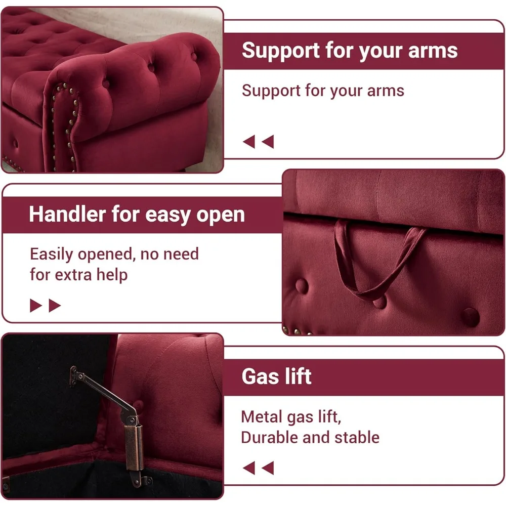 Samt-Aufbewahrungsbank, Aufbewahrungsbank am Ende des Bettes mit gerollter Armlehne, Ottomane für den Eingangsbereich mit Nagelkopfbesatz und Knopfheftung, Stauraum