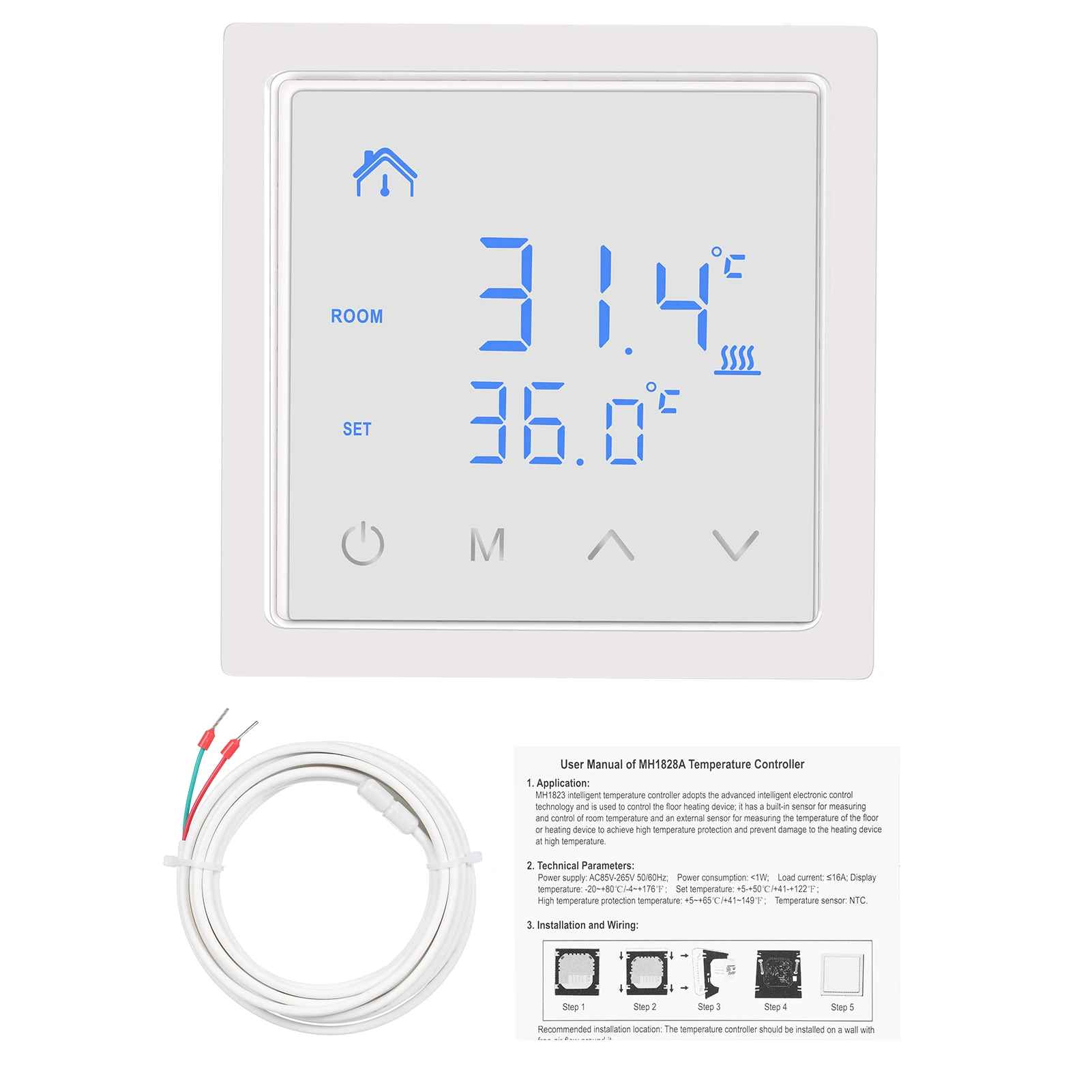 MH-1828, termostat cerdas 16A pengontrol suhu pemanas lantai dengan layar sentuh LED 85-265V kontrol pemanas listrik