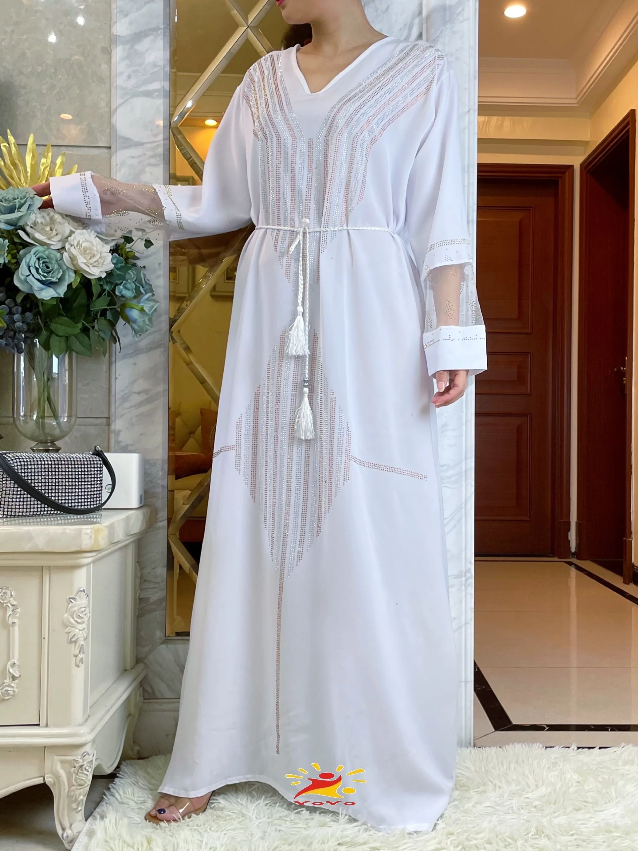 2023New Luxury African Autumn Women  V-Neck Dress Islamic Clothing Dashiki Diamond Dubai Robe Evening Long Sleeve Muslim Abaya