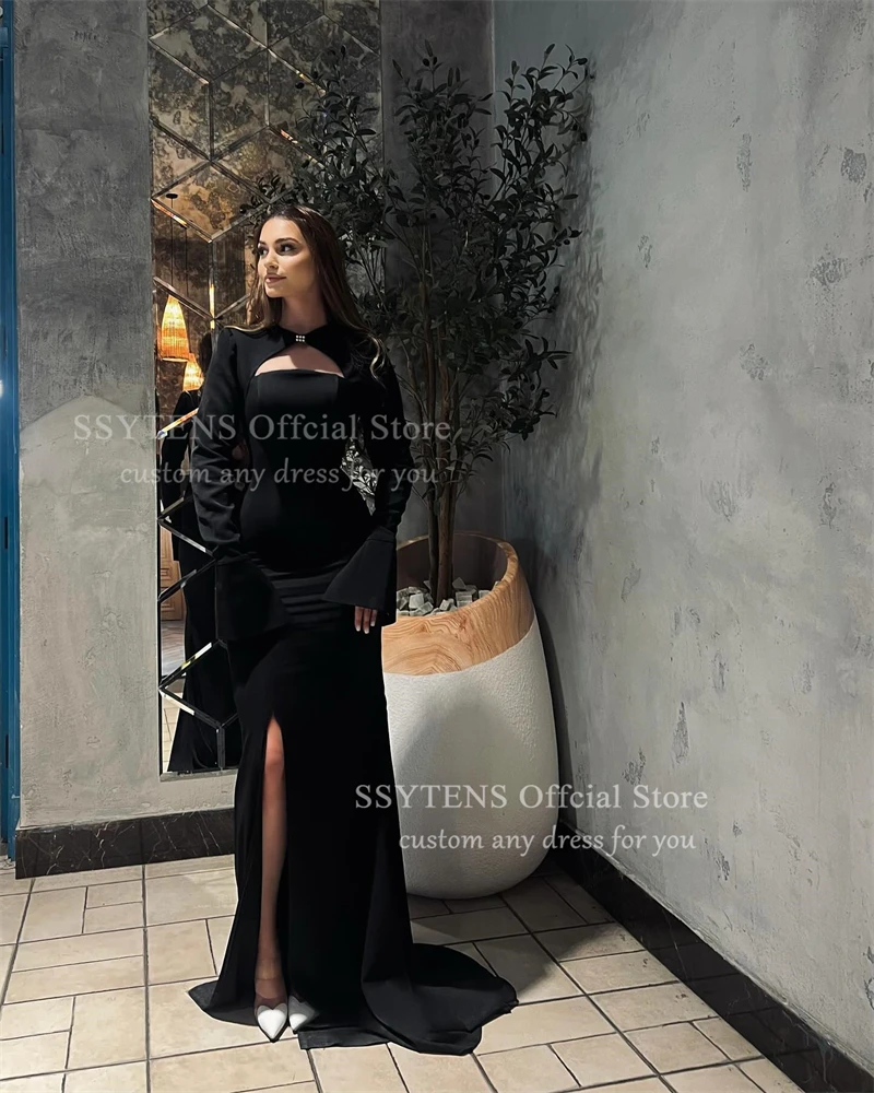 SSYTENS Modest Black Evening Dresses Women Flare Sleeve Special Occasion Dress Wedding Party Dress Women 2026 Simple Prom Dress