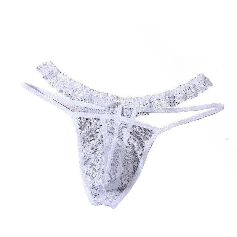 

Floral Lace Thong for Men Ruffled Waistband Heart Ring U-Convex Pouch Erotic T-Back Panties Sheer Double Strap Low-Rise G-string