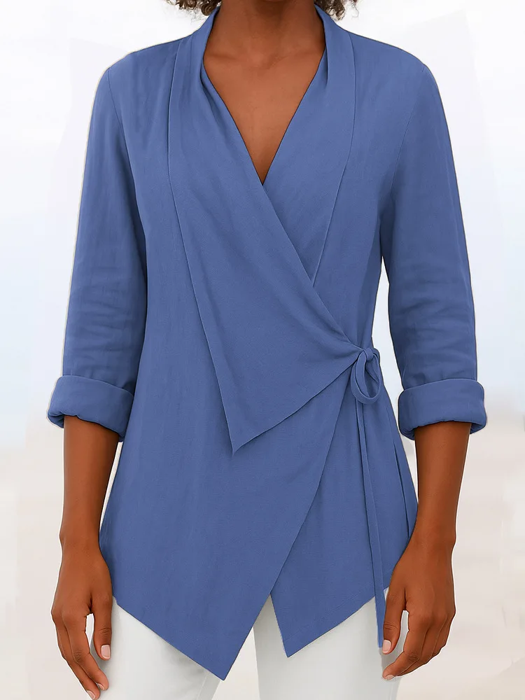 

2025 Women's Shirt Lace-Up Long Sleeve Loose Cardigan Top Black Irregular Simple Elegant Blouses for Female