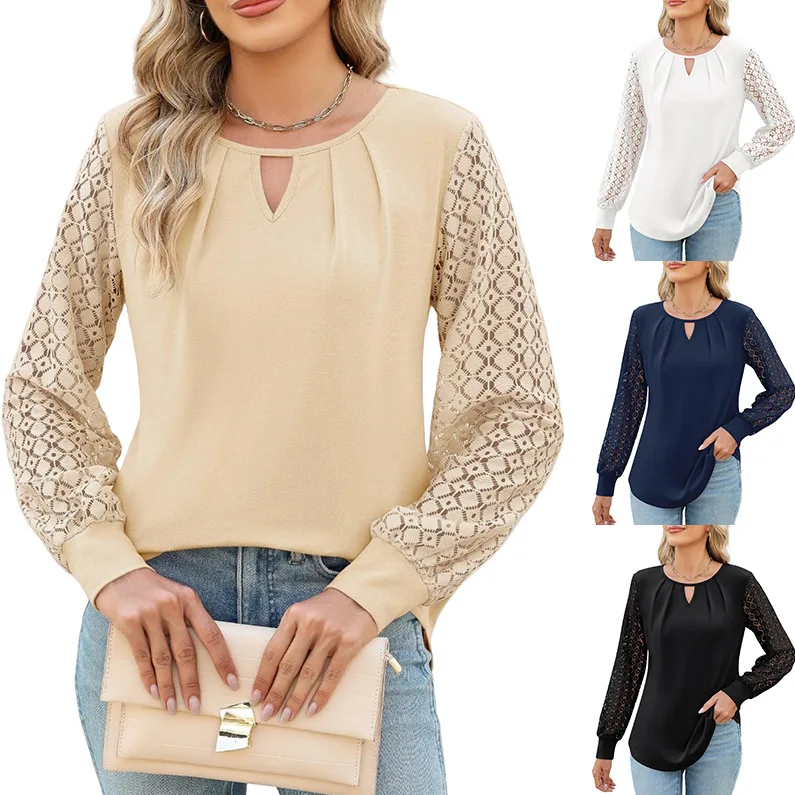 Women Hollow Out New Knitted Lace Stitching Long Sleeve Round Neck T Shirt Top Blouse