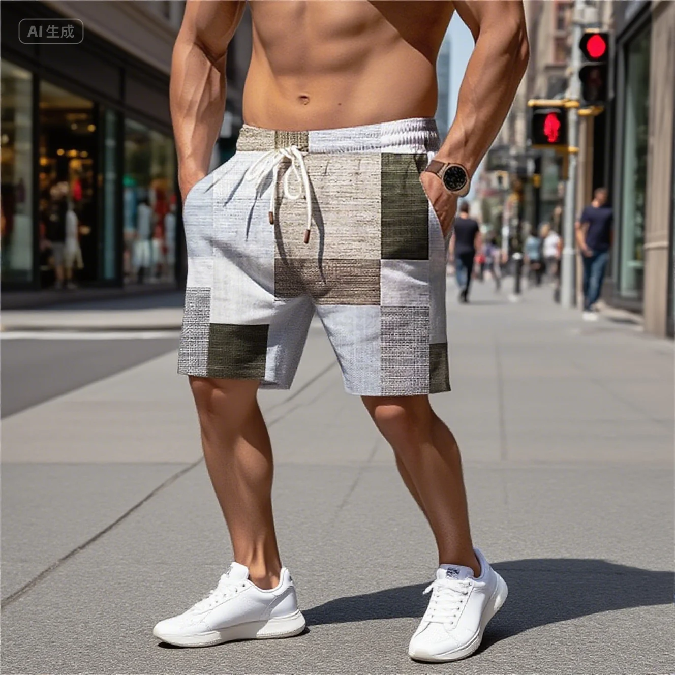 

Летние пляжные шорты с эластичными цветными кирпичами, узоры с цветными блоками, контрастные сетчатые узоры, модные шорты для отдыха.