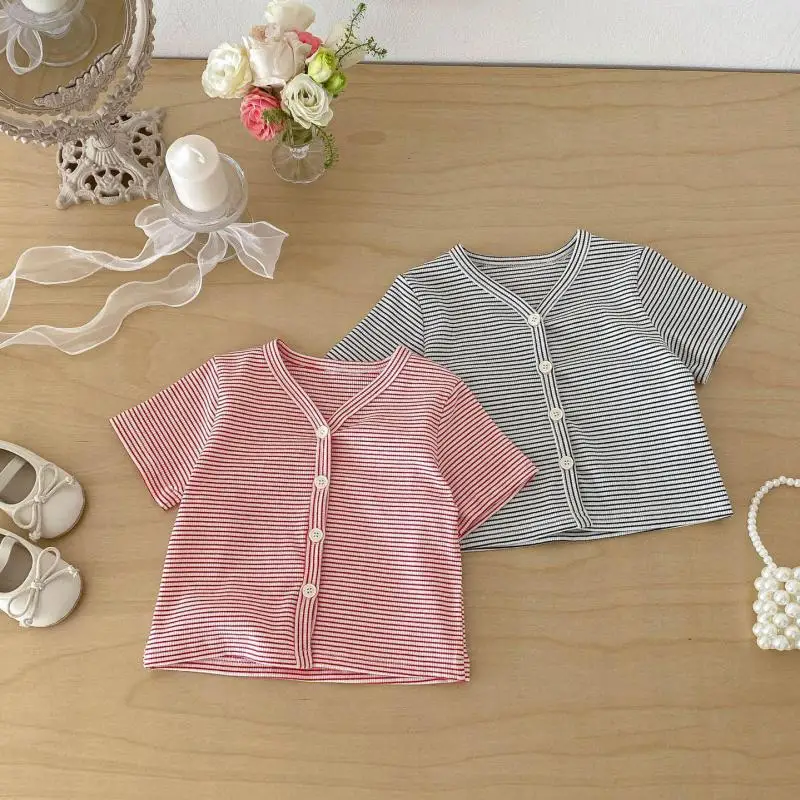 2026 Summer New Baby Short Sleeve Coat Cotton Children Striped Cardigan Infant Toddler Casual T Shirts Baby Girl Loose Tops