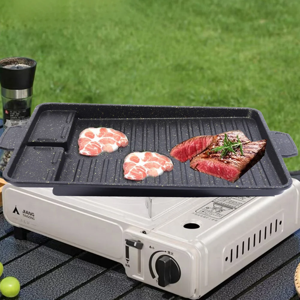 1pc Rectangular Aluminum Barbecue Plate, Non-stick Barbecue Plate,Outdoor Commercial Camping Convenient Cassette Stove Grill Pan