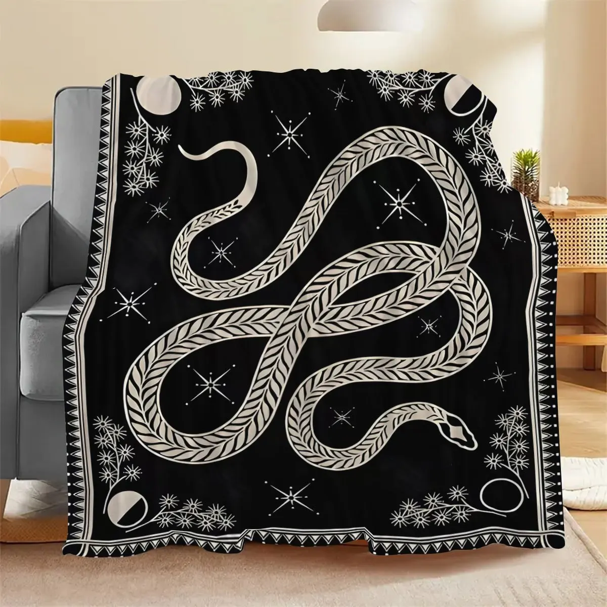 Black Snake Throw Blanket Bohemian Gothic Mystical Witchy Art Pattern Cozy Fleece Throw for Living Room Bedroom Christmas Gift