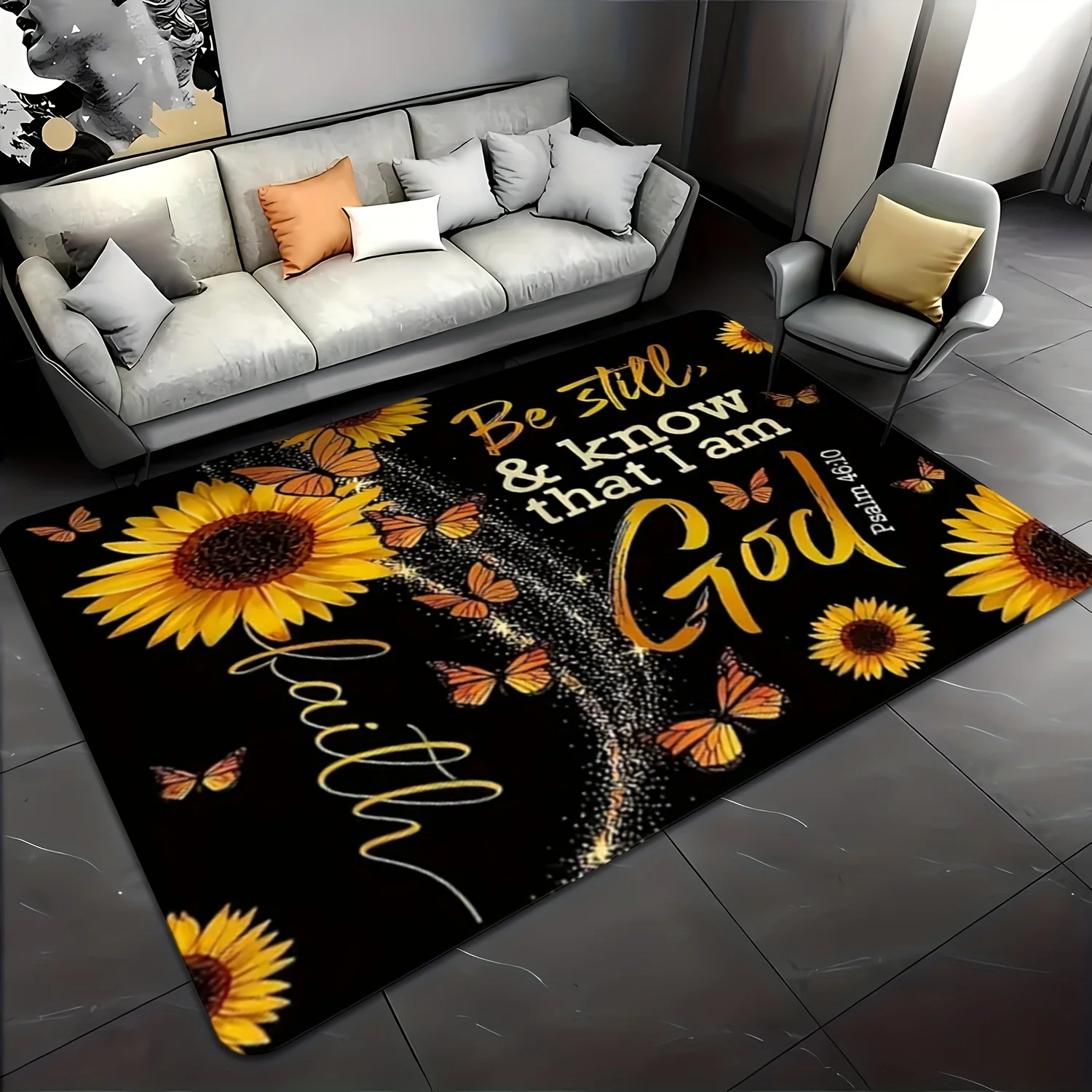 Inspirational Christian Scripture Sunflower Area Rug Boho Living Room Decor Mat Psalm 46:10 Bible Verse Spiritual Home Accent
