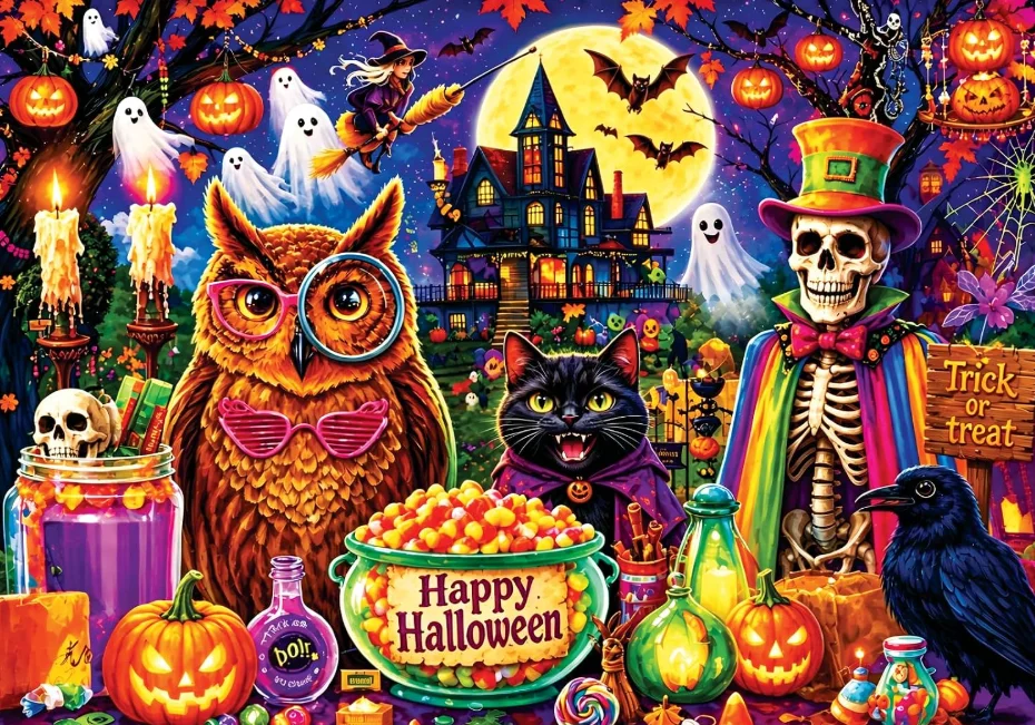 Jigsaw Puzzle 500/1000/1200/2000PCS Whimsical Halloween Scene Owl Black Cat Skeleton Ghost Haunted House And Candy Bowl Art