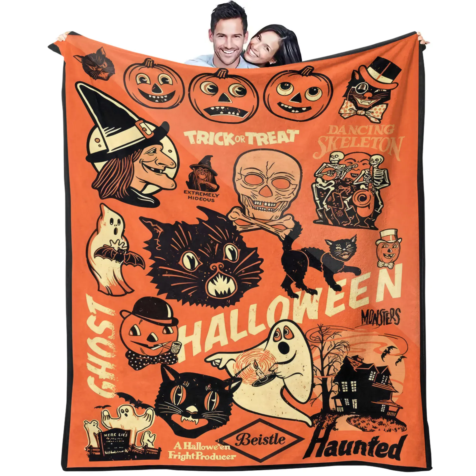 Vintage Halloween Collage Flannel Throw Blanket Retro Pumpkin Ghost Black Cat Skeleton Witch Plush Blanket Sofa Bed Holiday Gift
