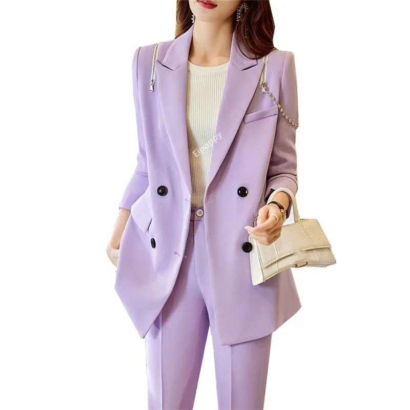 

New Women Blazer Pants Sents 2024 New in Business Long Sleeve Double Breasted Jacket Elegant Ladies Blazer + Trouser 2 Piece Set