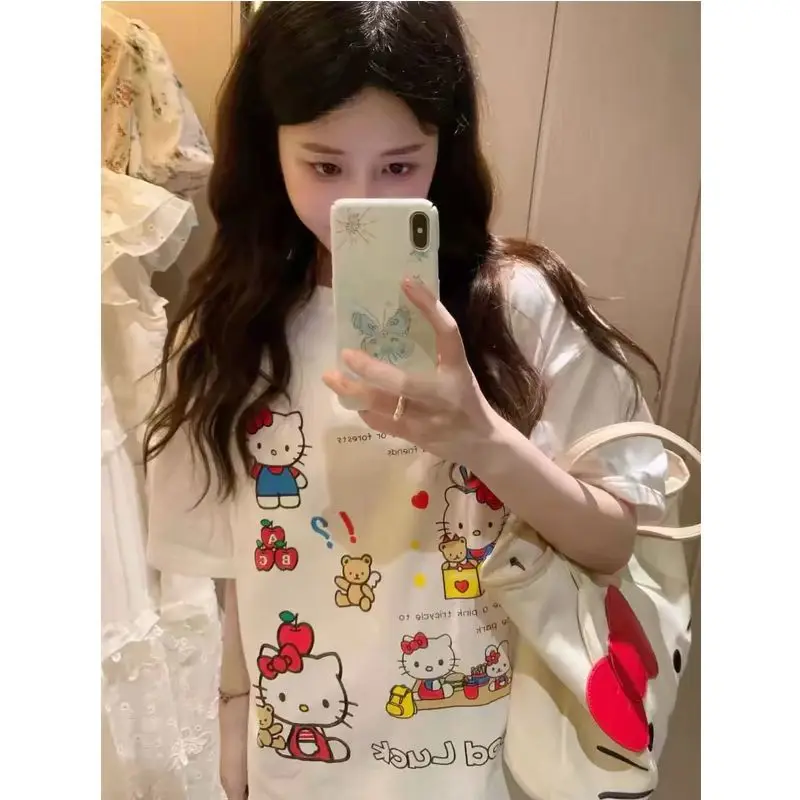 

Minisohello Kitty T-Shirt Korean Girls Loose Design T-Shirt Couple Cartoon Trend Sanrio Short Sleeve Tudent Kawaii Top Girl Gift