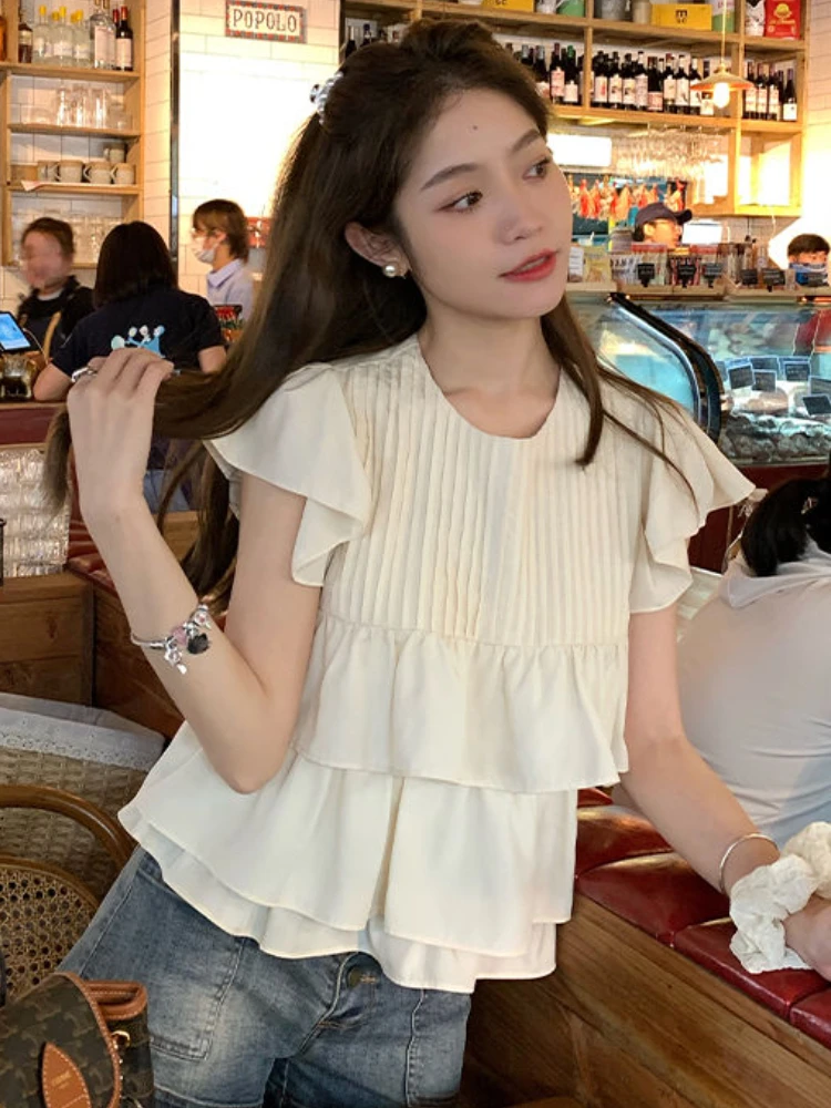 Blouse Women Sweet Simple Design Ruffles All-match Elegant Daily O-neck Fashion Korean Style Cozy  Basic Classic Students Summer