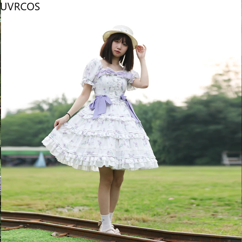 Japanese Kawaii Lolita OP Dress Women Vacation Vintage Ruffles Bow Bandage Purple Flowers Dresses Elegant Slim Princess Dresses