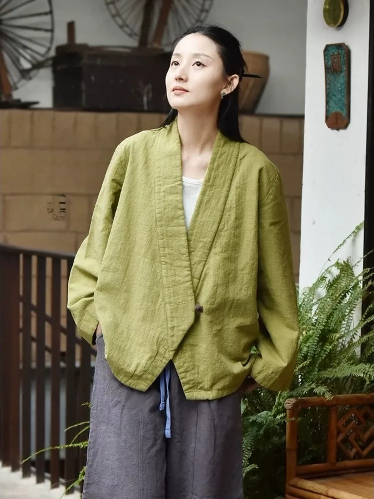 Loose Fit Long Sleeve V-Neck Cotton Linen Jacket Women's Spring Autumn Zen Style Chinese Cultural Casual Outerwear Top