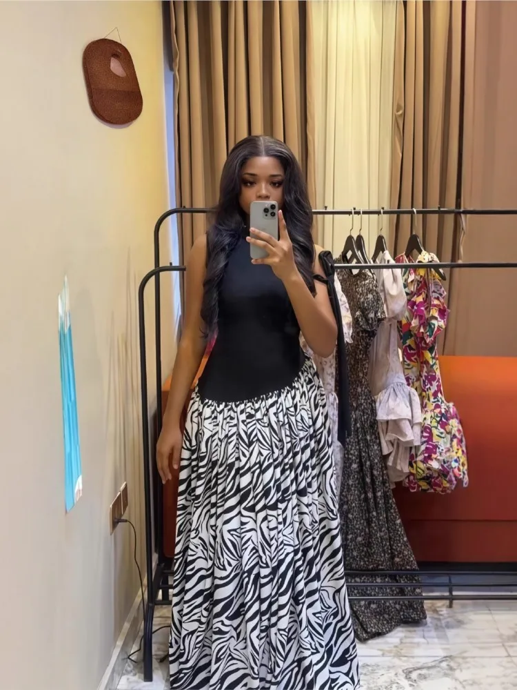 Summer Sexy Sloping Shoulder Long Dress Women Fashion Color Matching Printed High Waisted Big Hem Dresses Lady Elegant Vestidos