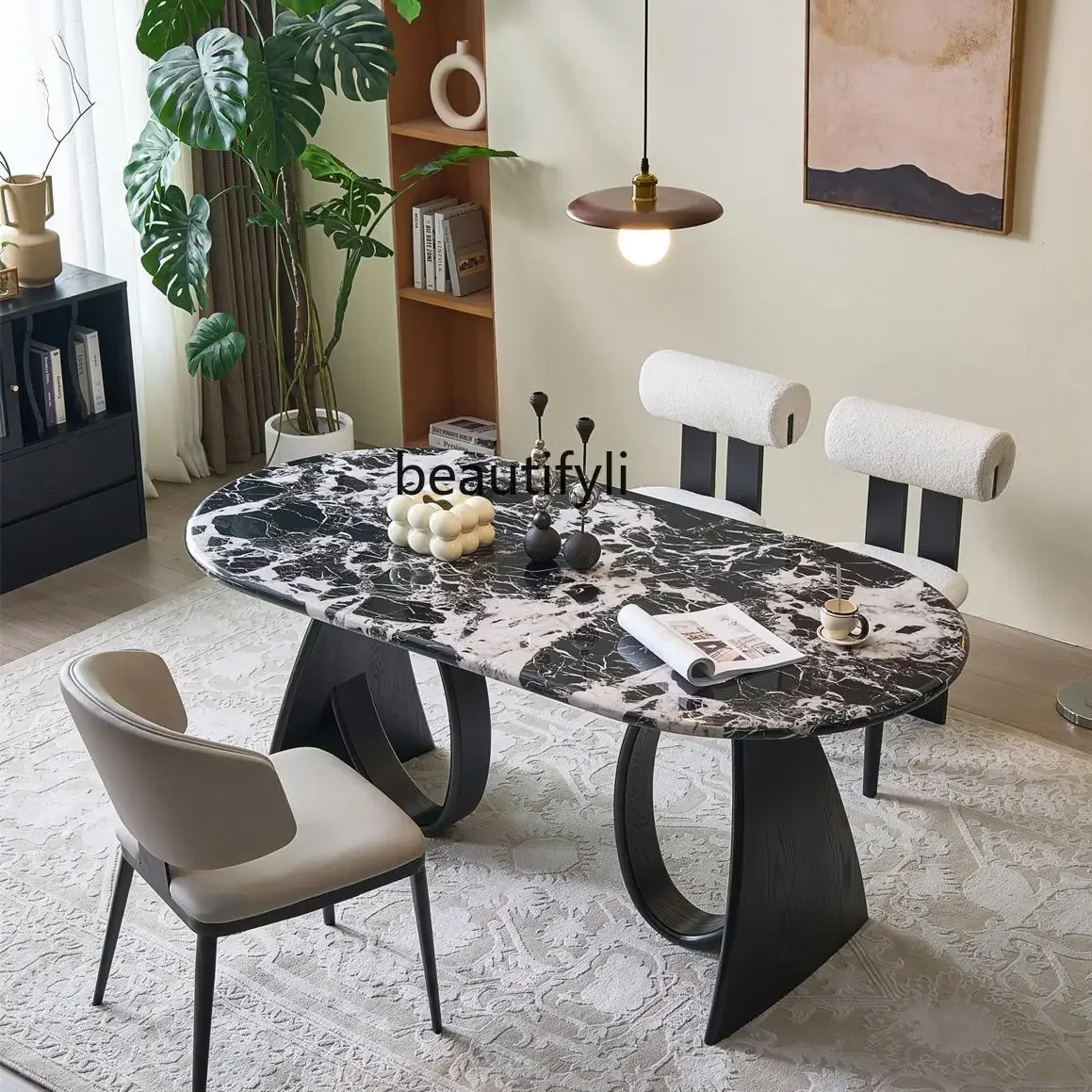 

Natural marble dining table oval Italian minimalist solid wood legs antique household light luxury dining table