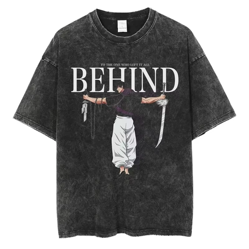 

2025 Anime Printed Streetwear Vintage Washed T-shirt Men Harajuku Manga Graphic Print Gojo Acid Wash Tops Tee Shirt