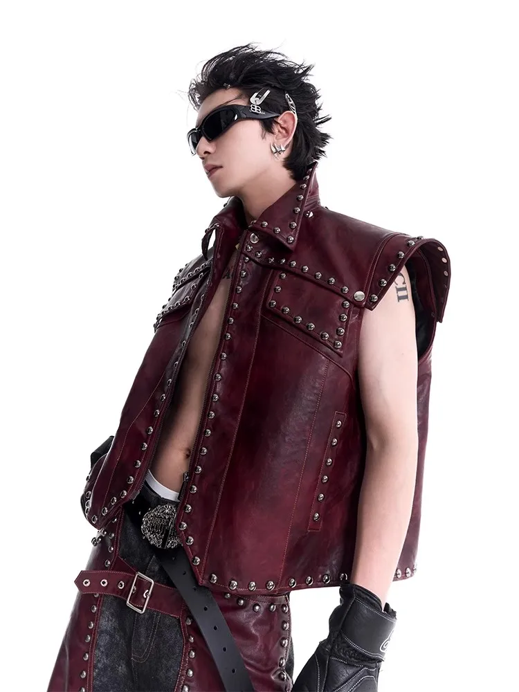 Mauroicardi Spring Autumn Cool Distressed Vintage Pu Leather Sleeveless Jacket Men Rivet Luxury Designer Punk Style Clothes Vest