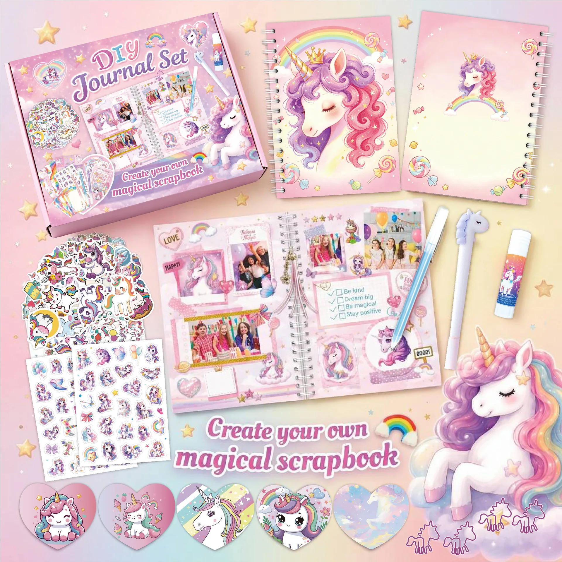 Unicorn DIY Journal Kit Rainbow Scrapbook Set for Kids Girls Ages 4+ Art Craft Diary Notebook Magic Birthday Gift Toy Activity