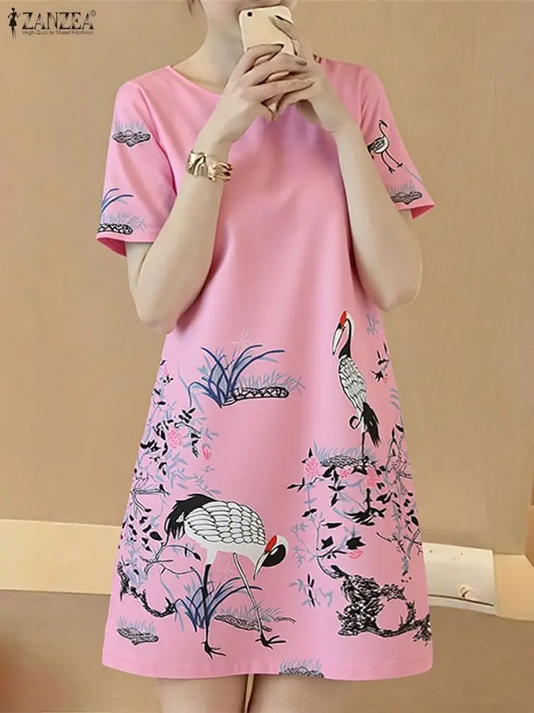ZANZEA Elegante Mini Abito Stampato Floreale 2025 Manica Corta Vintage Ufficio Lavoro Vestito Estivo Moda Abito Allentato Femme Abiti