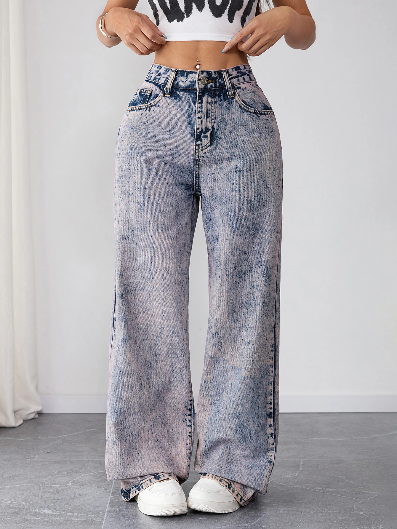 Damen Vintage Washed Baggy Jeans Loose Fit Denim Hosen High Fashion Damenbekleidung Heißer Verkauf