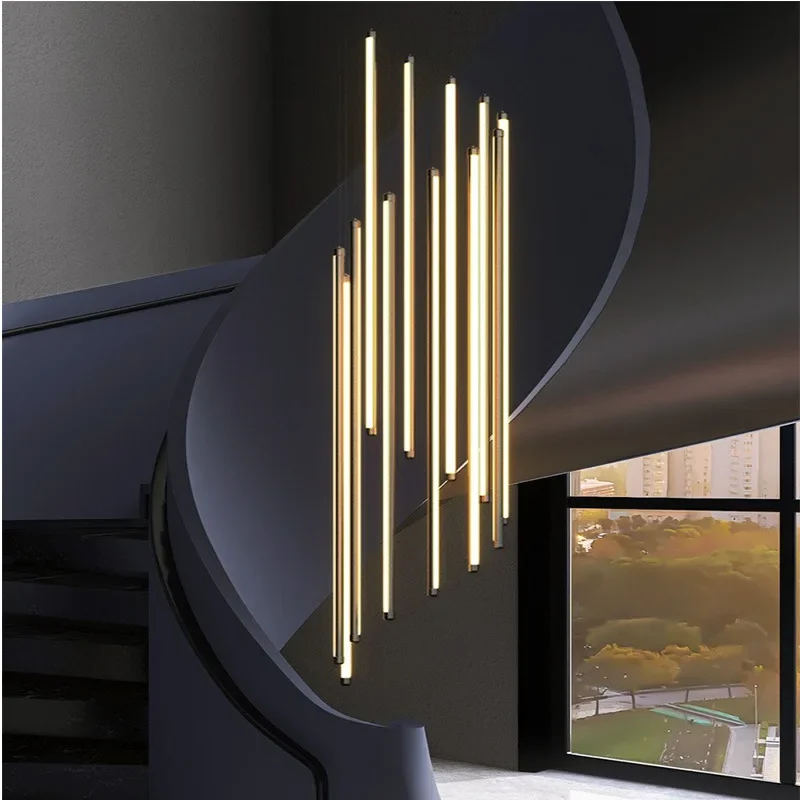 New Black Stair Chandelier Modern design duplex building high-rise empty living room hall personality Long Hanging Light