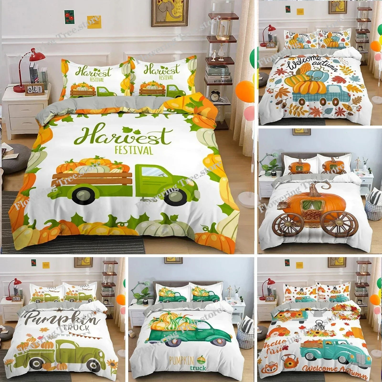 

Autumn Pumpkin Truck King Queen Duvet Cover Happy Fall Thanksgiving Bedding Set Kids Festival Gifts Polyester Quilt Cover