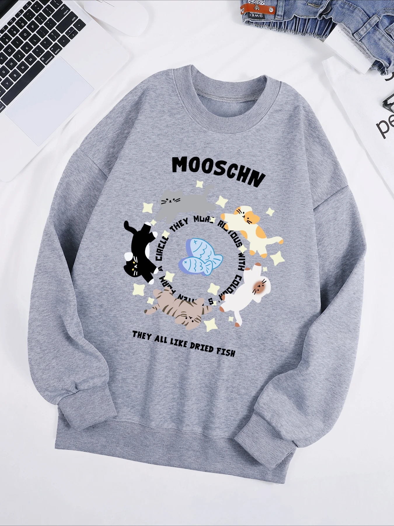Mooschn They All Like Dried Fish Printed Sweatshirt Men women warm Loose Pullover Creative Sportswear Autumn Winter innerwear