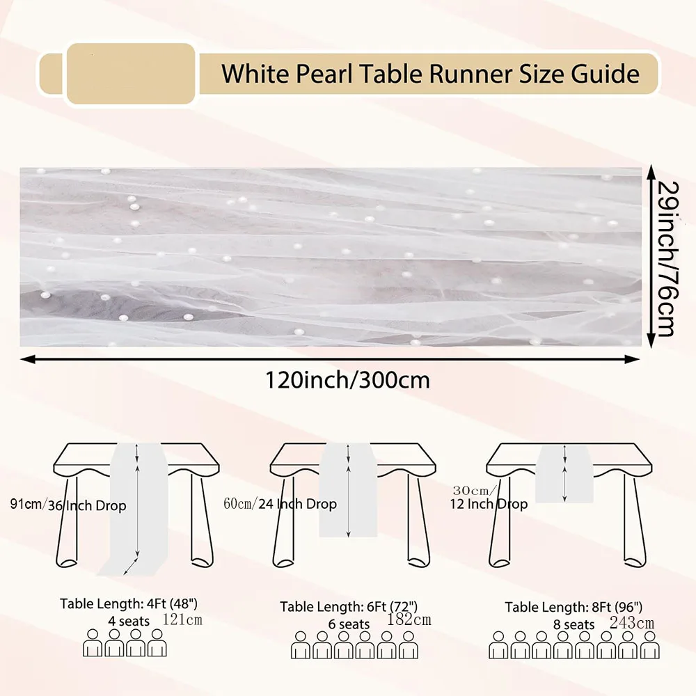 76CMx3M White Pink Pearl Table Runner Tulle Spring Easter Cheesecloth Gauze Dining Wedding Birthday Party Baby Shower