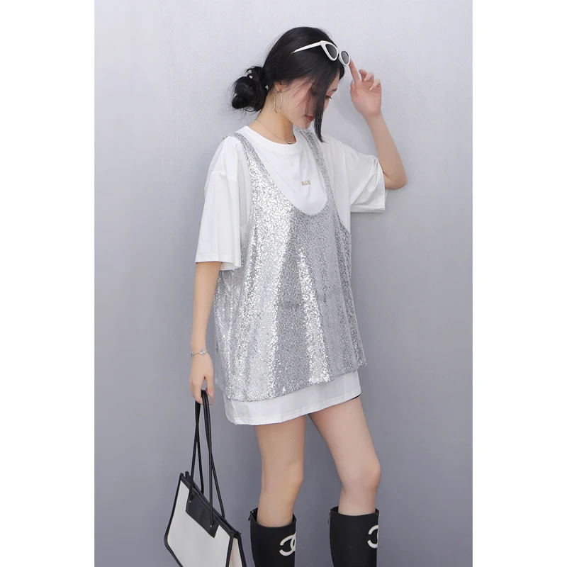 2025 verano nuevo estilo coreano moda mujer lentejuelas camisetas sueltas mujer manga corta Top al por mayor J991