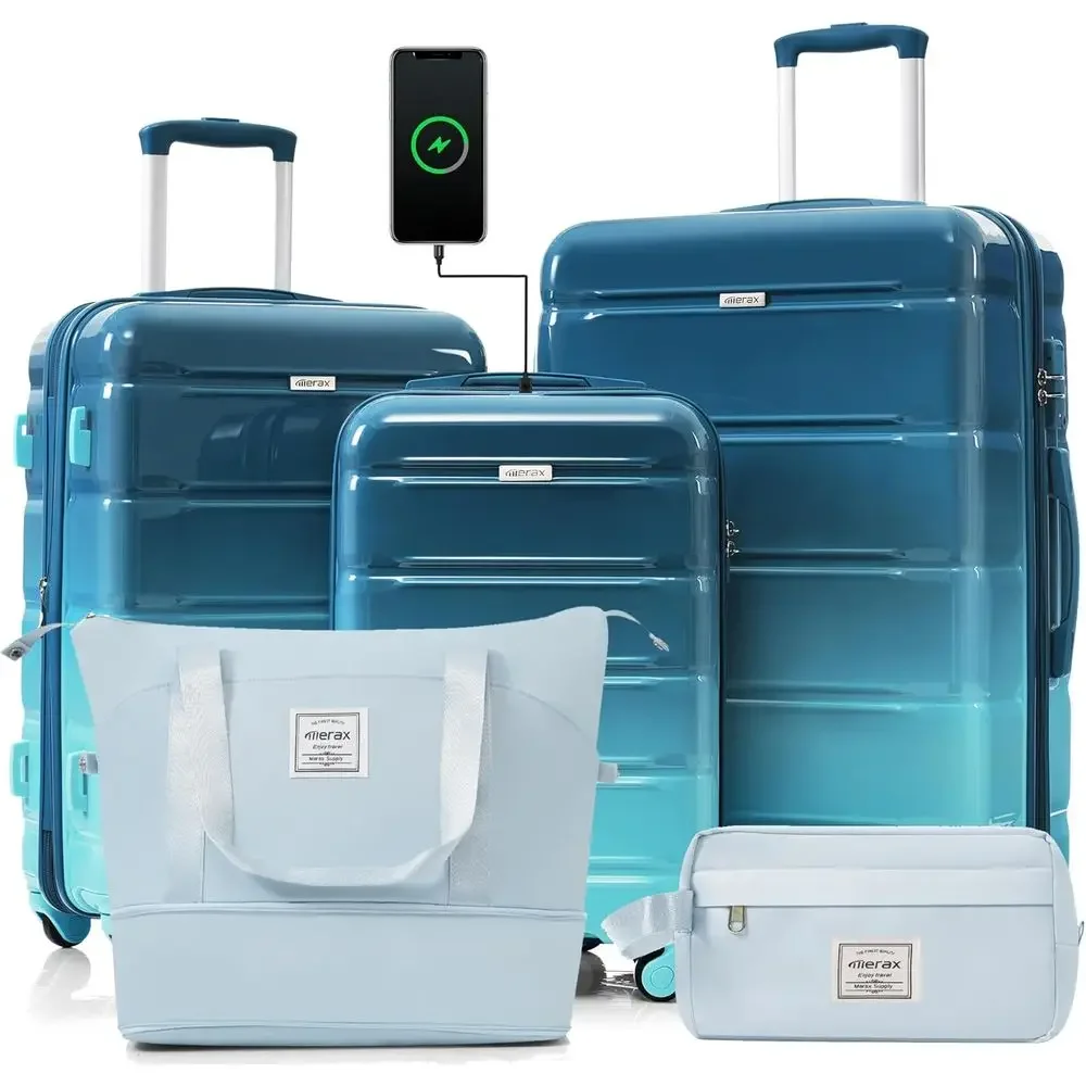 

5-Piece ABS Hardshell Luggage Set with Spinner Wheels, USB Port, and TSA Lock