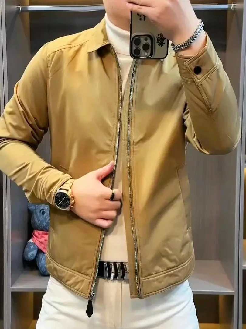 

Высококачественная повседневная мужская куртка с воротником, модная верхняя одежда для весны и осени, новинка, приталенный крой, длинный рукав, на молнии
