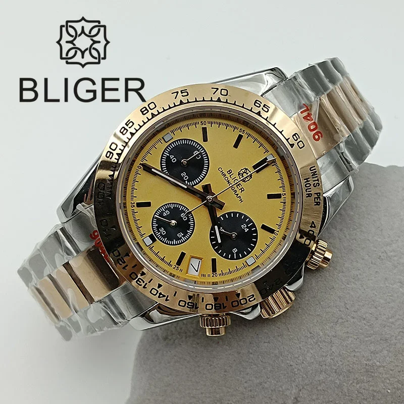 BLIGER 39mm Luxury Fashion Men Watch VK63 Movement Quartz Chronograph Rose Gold Case Bracelet Sapphire Glass Yellow Dial Reloj