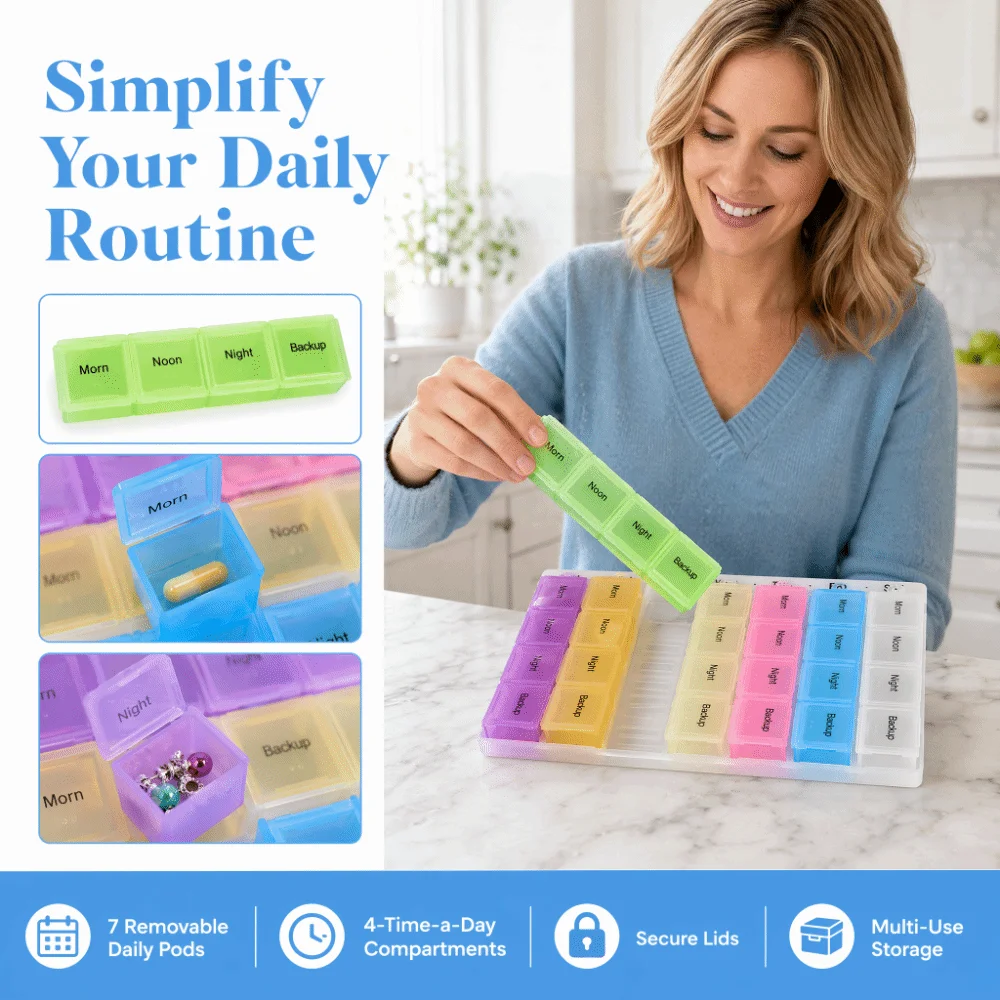 8pcs 28 Compartments Weekly Tablet Organizer Removable Transparent Assorted Colors Pill Organizer Case Plastic 4 Times a Day