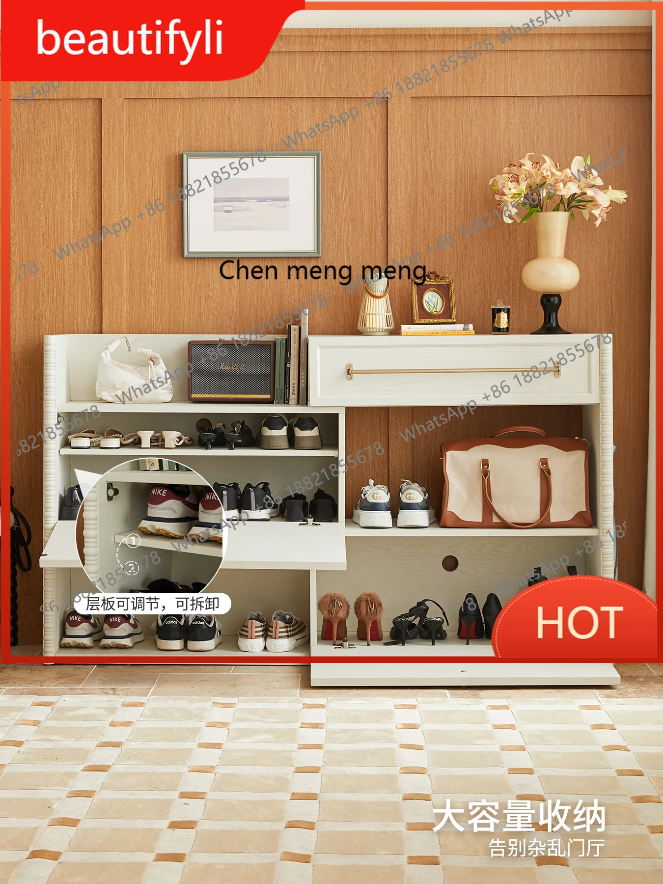 A139 French cream solid wood rotary telescopic shoe cabinet household entrance porch cabinet integrated storage locker