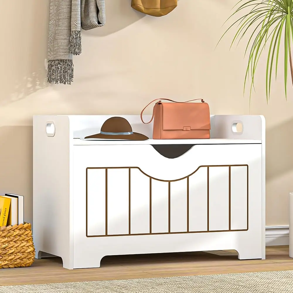 

Storage Benches,White Wooden Large Toy Organizer Box,Entryway Shoe Bench For Books Clothes, Kid Storage Trunk With