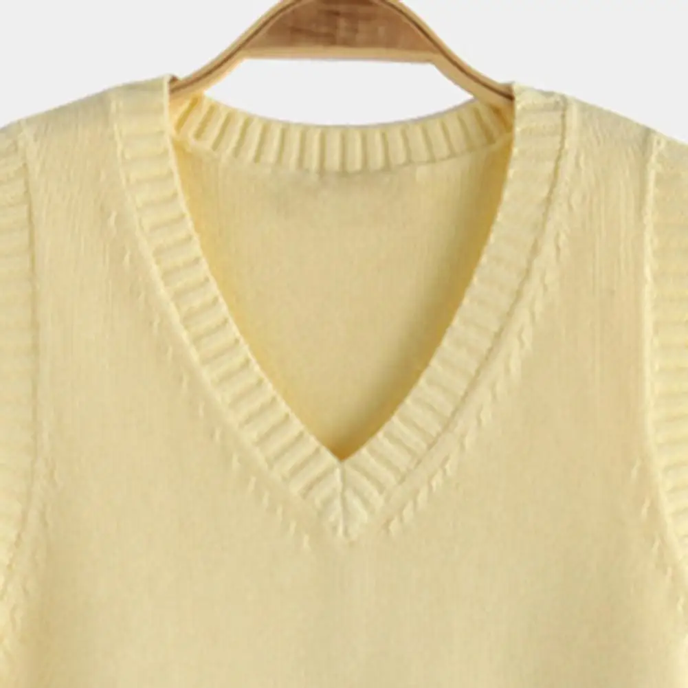 Women Vest V-neck Knitting with Ribbed Trim Solid Color Knitwear for Autumn Winter