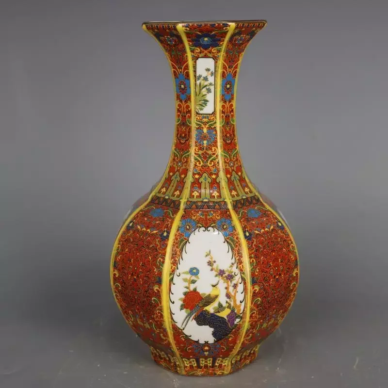 

Китайский красный эмалированный фарфор Цин Цяньлун птицы цветы дизайн ваза 10,2 дюйма