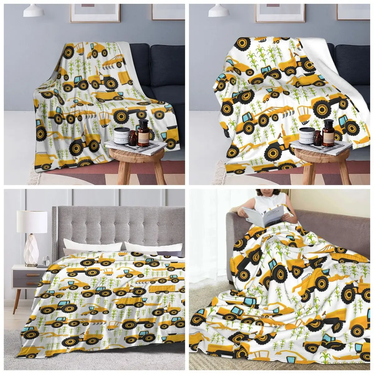 Cartoon Truck Car Tractor Excavator Pattern Blankets Soft Warm Flannel Throw Blanket Plush for Bed Travel Home Couch
