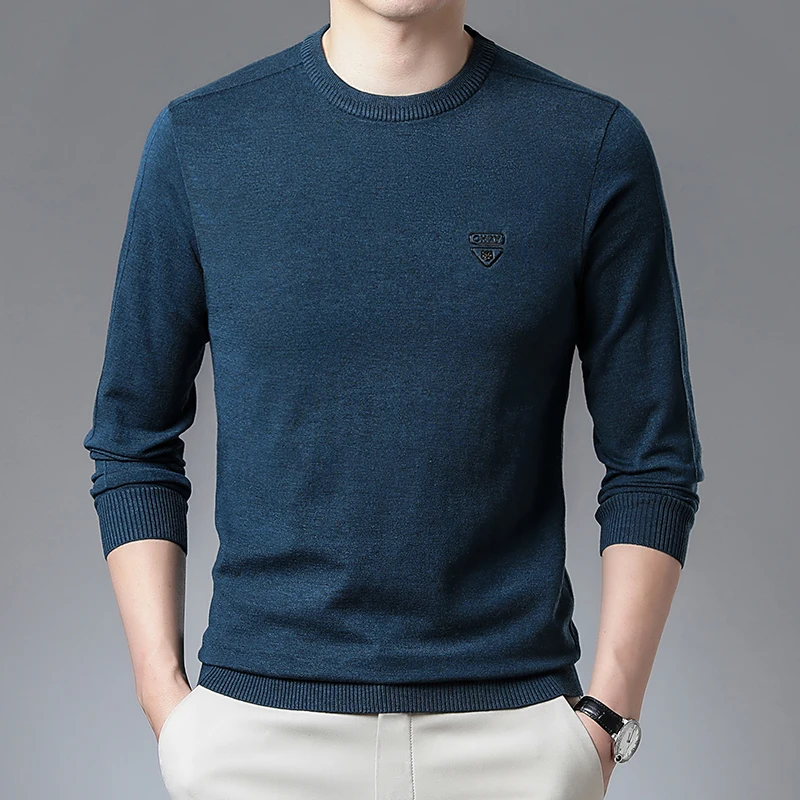 Sweater pria, baju hangat Pullover Bisnis kasual leher hati pakaian pria