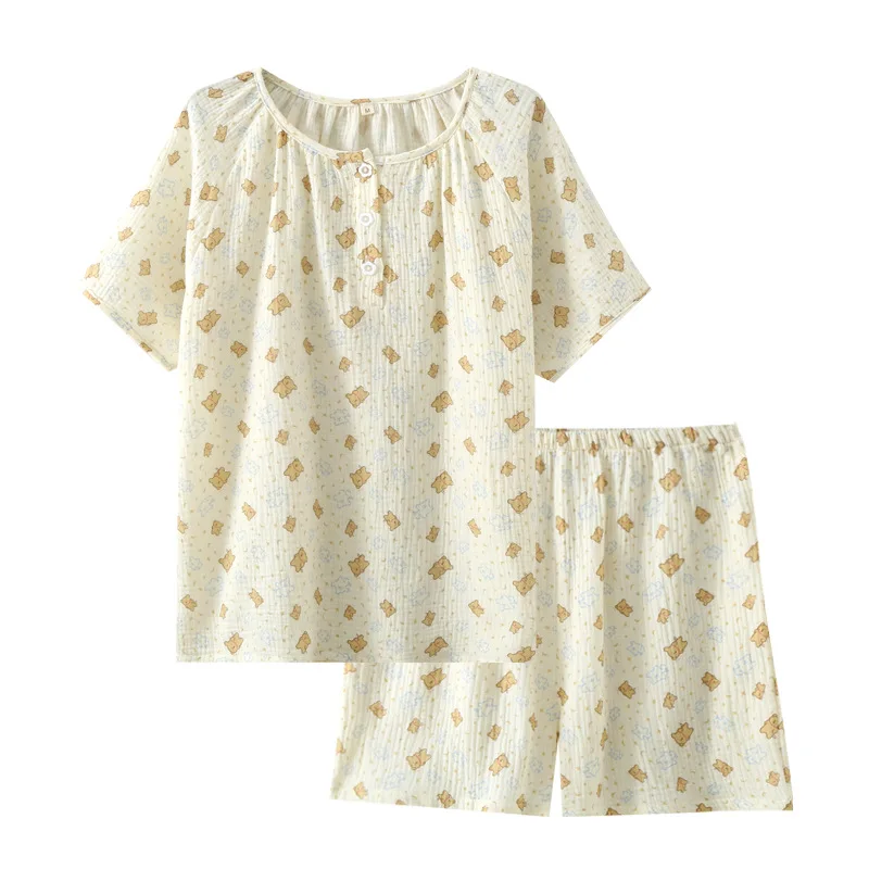 

Pure Cotton Gauze Women's Pajama Set Summer New Short-sleeved Shorts Set Cute Floral Seersucker Sweet Loungewear Pajamas
