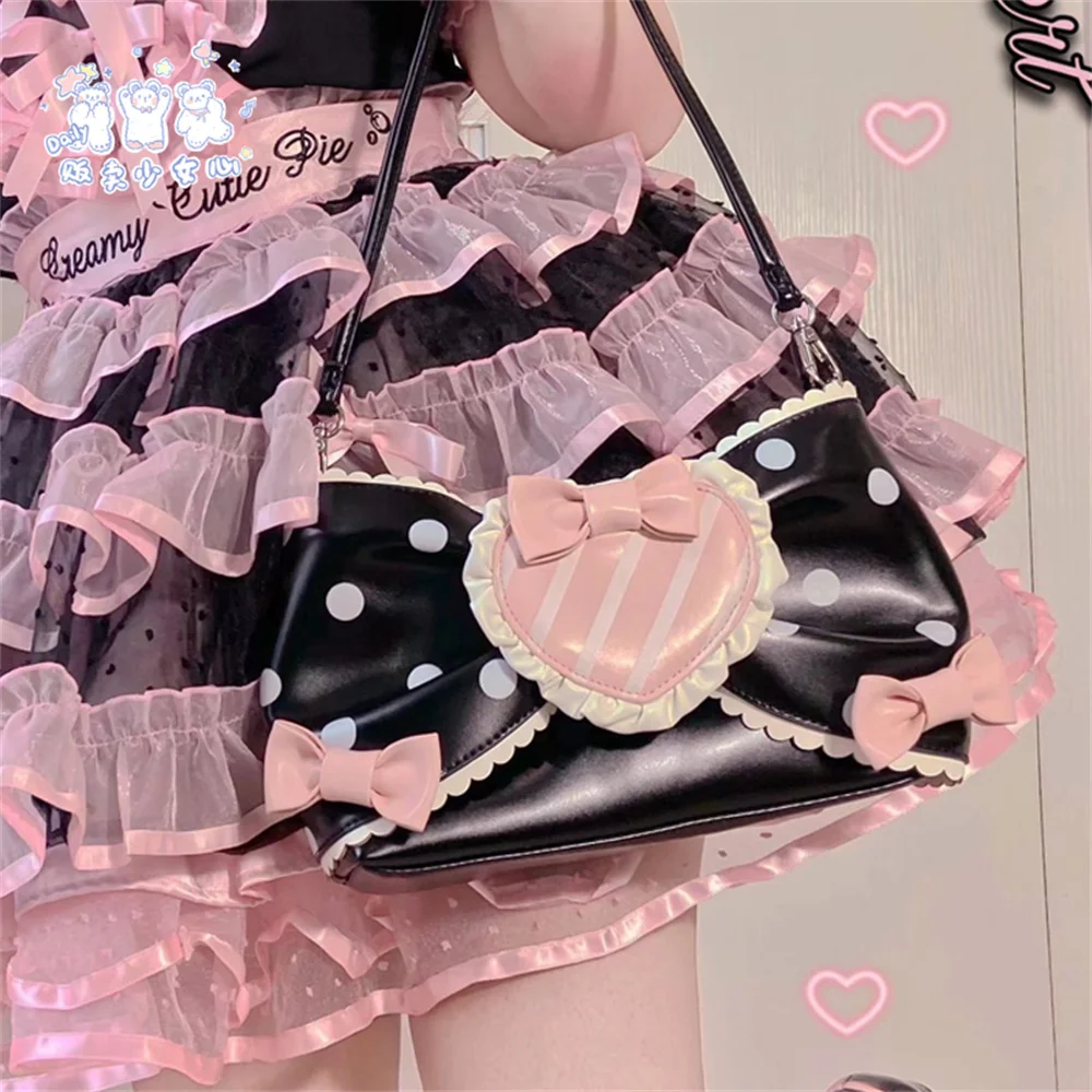 Sweet Girls Pink Sugar Wave Point Pearl Chain Bowknot Bags Lolita Bags Black Girls Cute Love Ruffle Portable Cosplay Lolita Bags