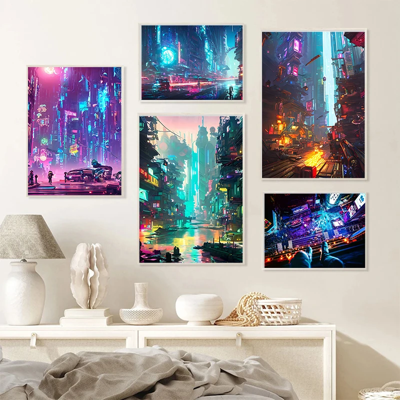 Cyberpunk City Landscape Painting Canvas Poster Creative Future City Wall Art Pictures for Living Room Bedroom Modern Home Decor