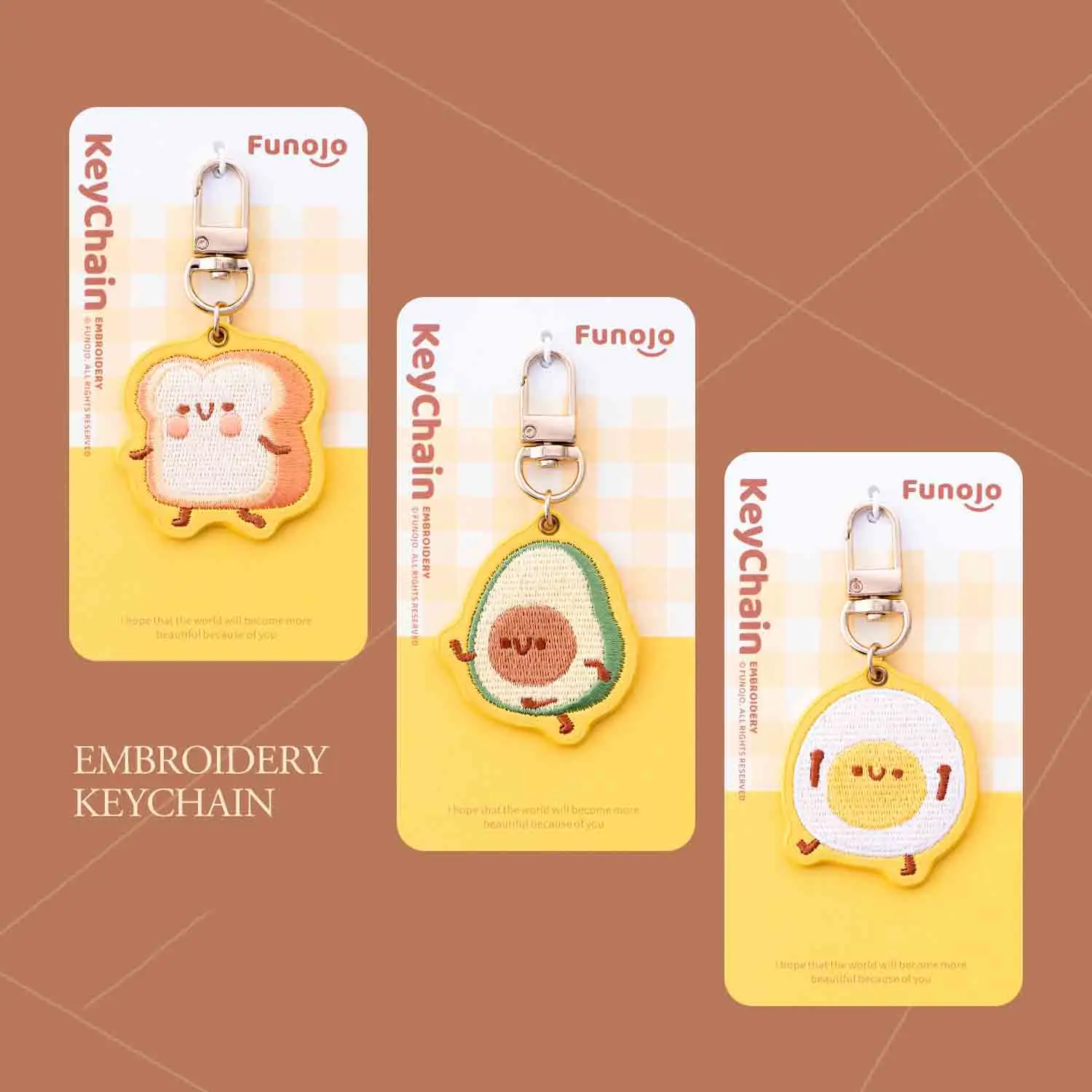 1 Stück bestickter Anhänger mit Brötchen, Spiegelei und Avocado für Paar-Taschen, Schultaschen-Charms und Schlüsselanhänger, 4-5 cm, kreatives Geschenk