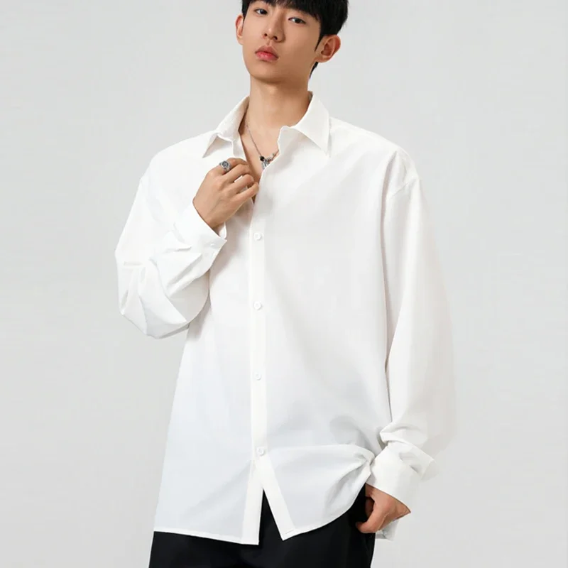 Men Oversized White Button‑Up Shirt Long Sleeve Lapel Collar Soft Breathable Loose Streetwear Business Daily Shirts For Male