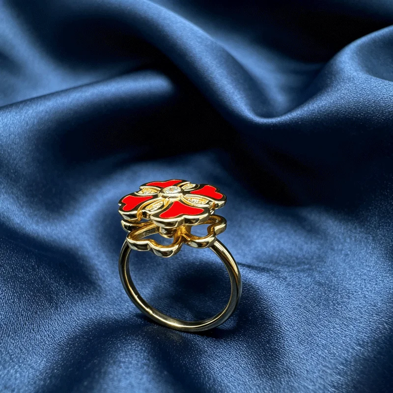 Rotatable Red Enamel Flower Ring For Women Gold Color Anti Stress Anxiety Adjustable Open Stackable Party Jewelry Gift