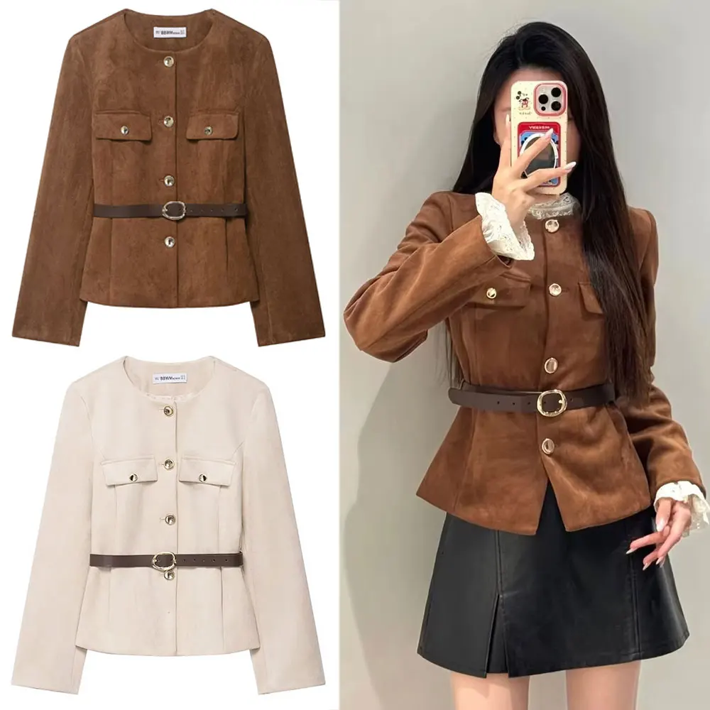 

HH Women Vintage Solid Suede Coat With Belts Single Breasted O Neck Long Sleeve Jacket 2025 Autumn High Street Lady Chic Outwear